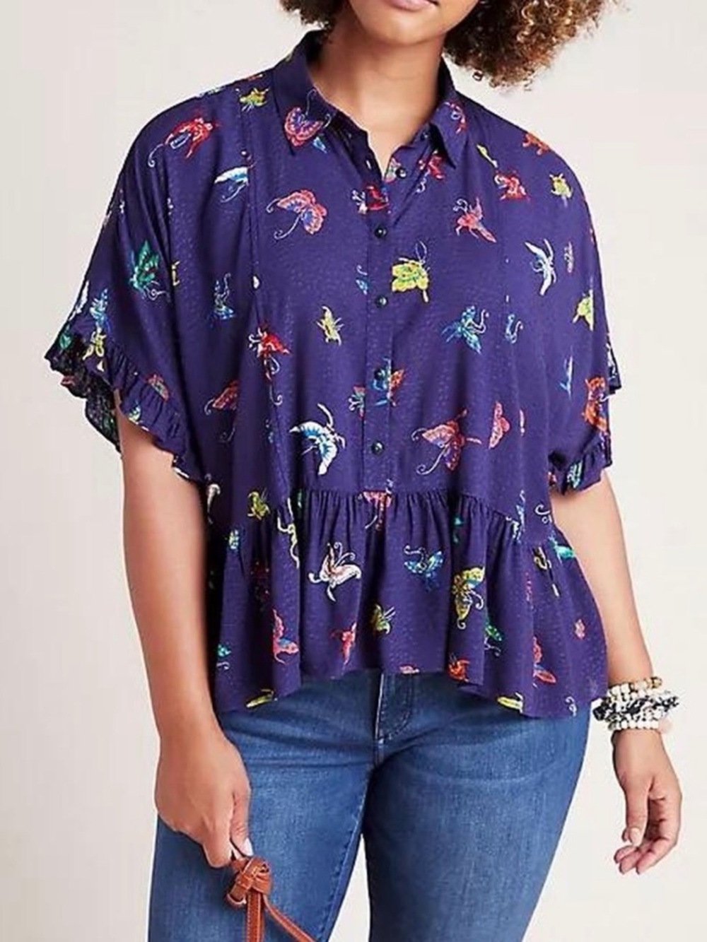 Anthropologie Maeve Navy Butterfly Peplum Blouse Boho Cottagecore XS Oversized